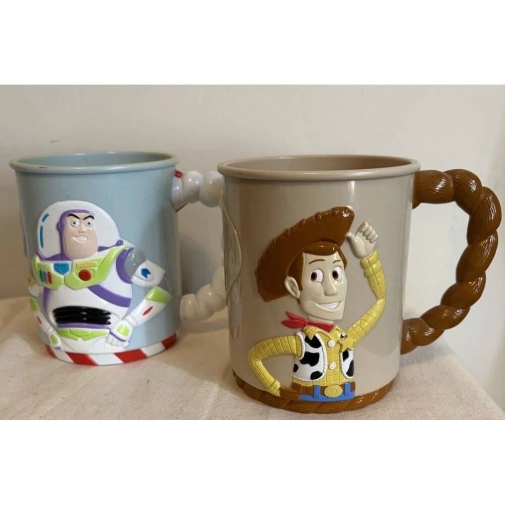 Vintage Disney's Toy Story Buzz Lightyear and Woody Plastic Character Mugs